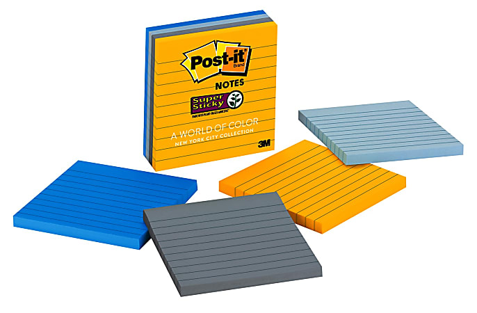 Post it® Super Sticky Notes, 4" x 4", New York, Lined, Pack Of 4 Pads