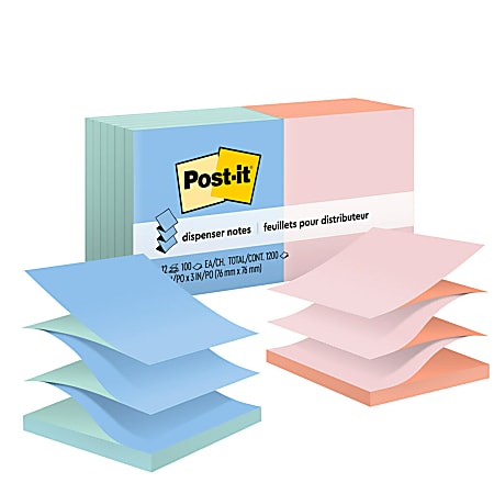 Post-it Pop Up Notes, 3 in x 3 in, 12 Pads, 100 Sheets/Pad, Clean Removal, Alternating Pastel Colors