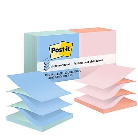 Post-it Pop Up Notes, 3 in x 3 in, 12 Pads, 100 Sheets/Pad, Clean Removal, Alternating Pastel Colors