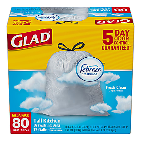 Glad® Tall Kitchen OdorShield® Trash Bags, 13 Gallons, Fresh Clean Scent, White, Pack Of 80