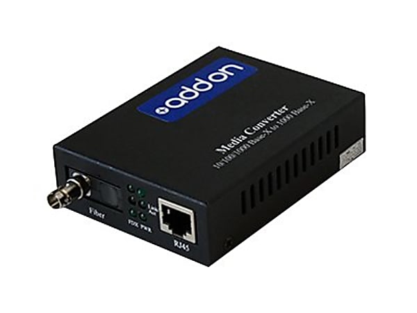 AddOn 1Gbs 1 RJ-45 to 1 ST Media Converter - Fiber media converter - GigE - 10Base-T, 1000Base-TX, 100Base-TX, 1000Base-BX-U - RJ-45 / ST single-mode - up to 37.3 miles - 1490 (TX) / 1550 (RX) nm