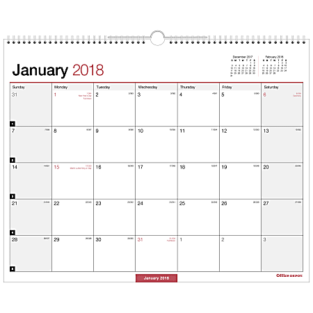 Office Depot® Brand Monthly Wall Calendar, 15" x 12", 30% Recycled, White, January to December 2018 (OD302428-18)