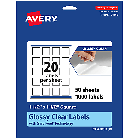 Avery® Glossy Permanent Labels With Sure Feed®, 94106-CGF50, Square, 1-1/2" x 1-1/2", Clear, Pack Of 1,000