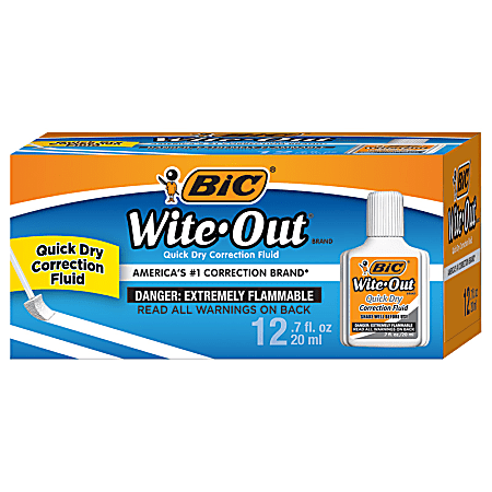 BIC Wite-Out Quick Dry Correction Fluid With Foam Applicator, White, Pack Of 12