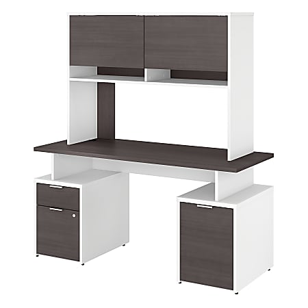 Bush Business Furniture Jamestown Desk With Drawers, Storage Cabinet And Hutch, 60"W, Storm Gray/White, Standard Delivery