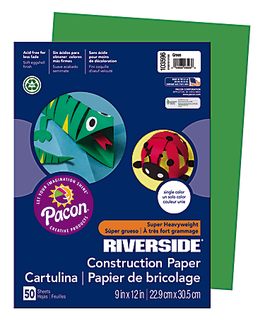 Riverside® Groundwood Construction Paper, 100% Recycled, 9" x 12", Green, Pack Of 50