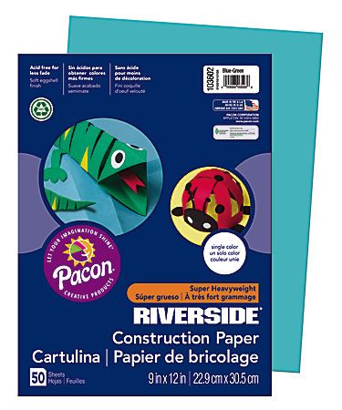 Riverside® Groundwood Construction Paper, 100% Recycled, 9" x 12", Blue Green, Pack Of 50