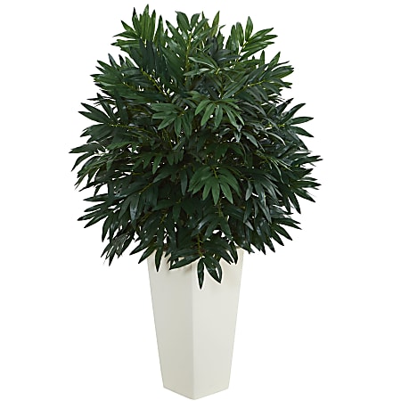 Nearly Natural Double Bamboo Palm 37"H Artificial Plant With Tower Vase, Green/White