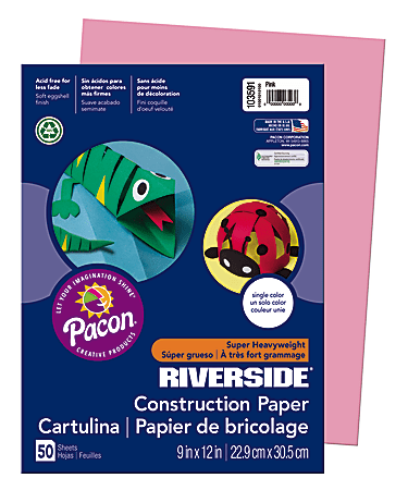 Riverside® Groundwood Construction Paper, 100% Recycled, 9" x 12", Pink, Pack Of 50