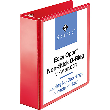 Sparco Easy Open Nonstick D-Ring View Binder - 3" Binder Capacity - D-Ring Fastener(s) - 4 Pocket(s) - Polypropylene - Red - 1 Each
