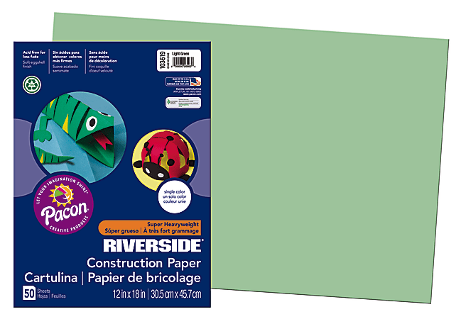 Riverside® Groundwood Construction Paper, 100% Recycled, 12" x 18", Light Green, Pack Of 50