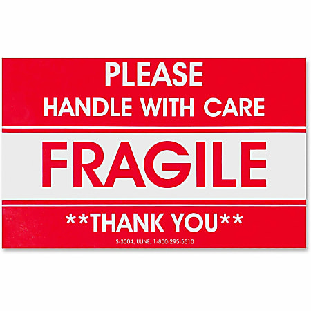 Tatco Fragile/Handle With Care Shipping Label, Rectangle, 3" x 5", Red/White, Roll of 500