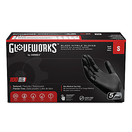 Gloveworks Black Nitrile Industrial Powder-Free Disposable Gloves, Small, Black, Box of 100 Gloves