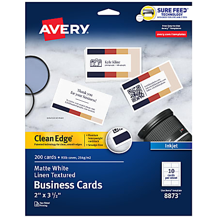 Avery® Clean Edge® Printable Business Cards With Sure Feed® Technology For Inkjet Printers, 2" x 3-1/2", White Linen Textured, Pack Of 200 Blank Cards