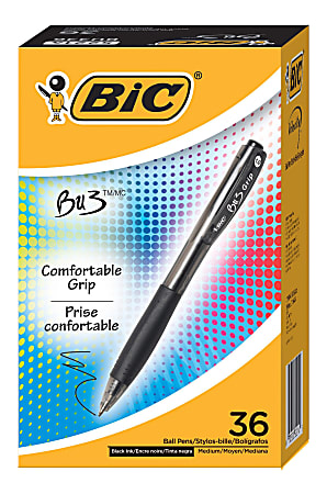 BIC® BU3 Retractable Ballpoint Pens, Box Of 36, Medium Point, 1.0 mm, Black Barrel, Black Ink