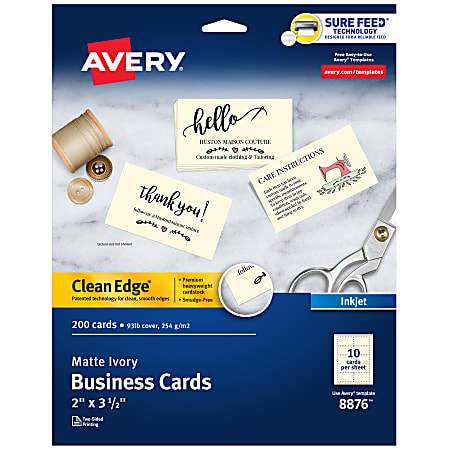 Avery® Clean Edge® Printable Business Cards With Sure Feed® Technology For Inkjet Printers, 2" x 3.5", Ivory, 200 Blank Cards