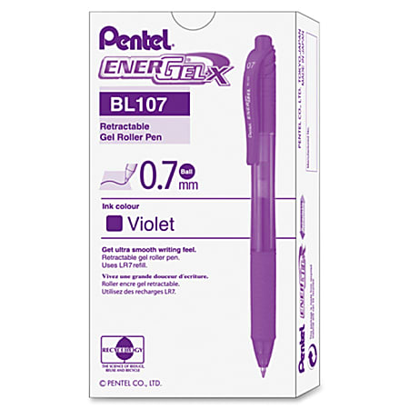 Pentel® EnerGel-X Retractable Roller Gel Pens, Medium Point, 0.7 mm, 84% Recycled, Violet Barrel, Violet Ink, Pack Of 12 Pens