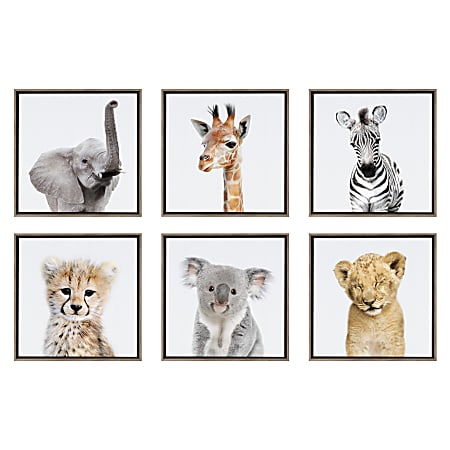 Uniek Kate And Laurel Sylvie Framed Canvas Wall Art Prints, 13" x 13", Safari Animal Collection, Gray, Set Of 6