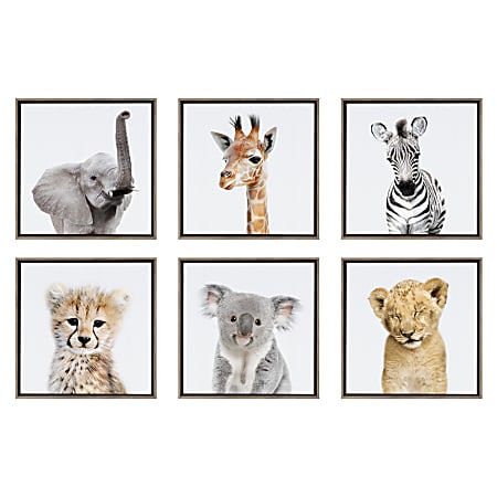 Uniek Kate And Laurel Sylvie Framed Canvas Wall Art Prints, 13" x 13", Safari Animal Collection, Set Of 6