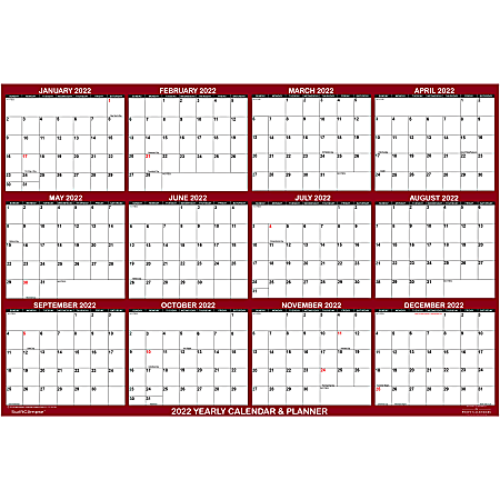 SwiftGlimpse Horizontal Yearly Erasable Wall Calendar, 36" x 54", Maroon, January to December 2022, SG MAR 36