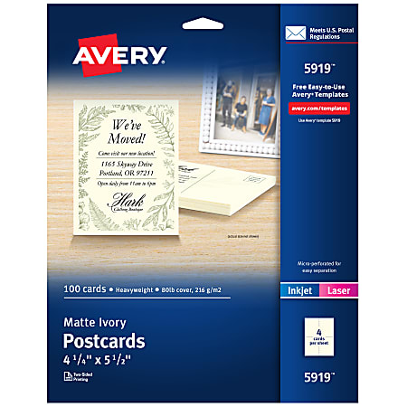 Avery® Printable Postcards, 4.25" x 5.5", Ivory, 100 Blank Postcards For Laser And Inkjet Printers