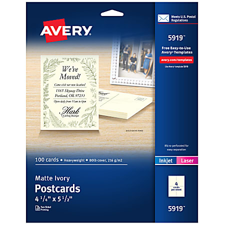 Avery® Printable Postcards, 4.25" x 5.5", Ivory, 100