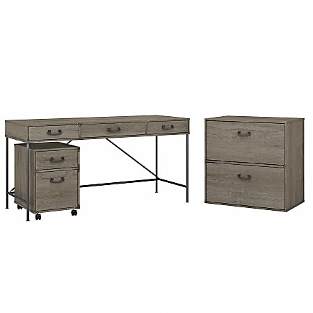 kathy ireland® Home by Bush Furniture Ironworks 60"W Writing Desk With File Cabinets, Restored Gray, Standard Delivery