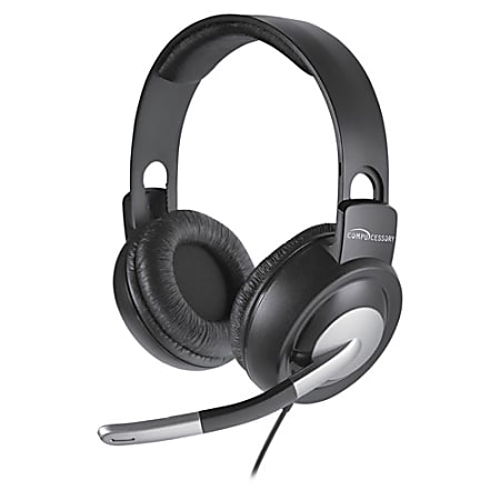Compucessory Boom Microphone Stereo Headset - Stereo - Wired - 32 Ohm - 20 Hz - 20 kHz - Over-the-head - Binaural - Ear-cup - 8 ft Cable - Gray, Silver