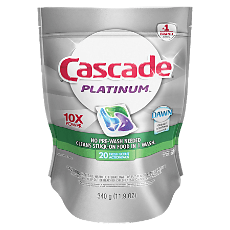 Cascade Platinum Dishwasher ActionPacs, Fresh Scent, White, Pack Of 20