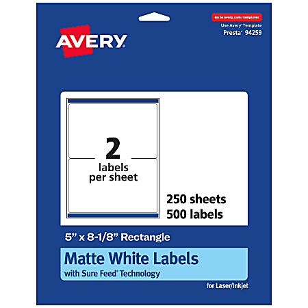 Avery® Permanent Labels With Sure Feed®, 94259-WMP250, Rectangle, 5" x 8-1/8", White, Pack Of 500