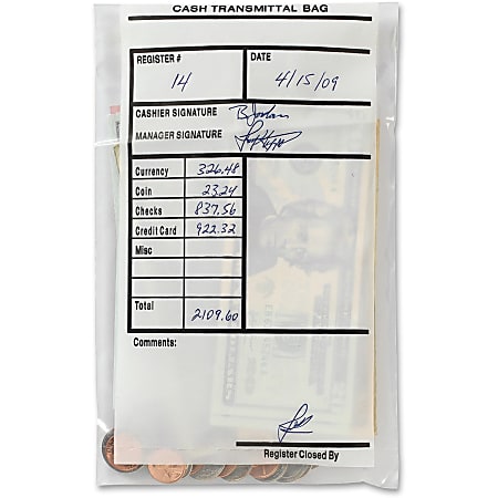 MMF Transmittal Bags - 2.75 mil (70 Micron) Thickness - Clear - Polyethylene - 100/Pack - Currency, Coin, Check, Credit Card