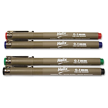 Helix Disposable Technical Drawing Pens - 0.1 mm Pen Point Size - Black, Blue, Red, Green Water Based Ink - 4 / Pack