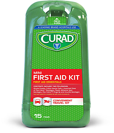 CURAD® First Aid Kits, 15 Pieces, 5"H x 1 1/4"W x 2 5/8"D, Green, Pack Of 24