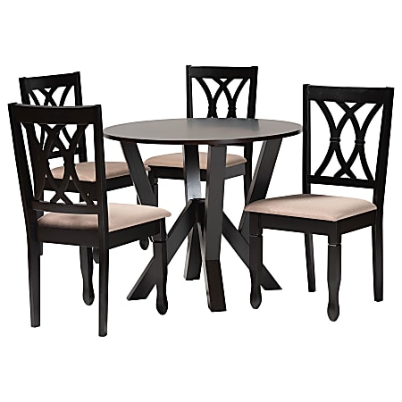 Baxton Studio Irene Fabric And Finished Wood 5-Piece Dining Set, 29-15/16”H x 35-7/16”W x 35-7/16”D, Sand/Dark Brown