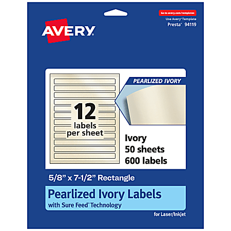 Avery® Pearlized Permanent Labels With Sure Feed®, 94119-PIP50, Rectangle, 5/8" x 7-1/2", Ivory, Pack Of 600 Labels