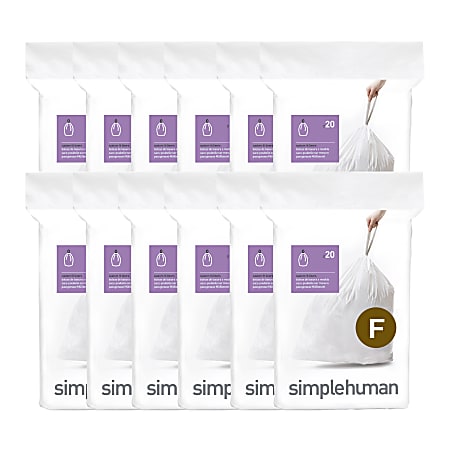 simplehuman Custom-Fit Trash Can Liners, Code F, 0.025-mil, 6.6 Gallons, 20" x 21", White, Pack Of 240 Liners