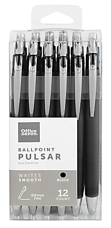 Office Depot® Brand Pulsar Advanced Ink Ballpoint Pens, Conical/Medium Point, 0.8 mm, Black Barrels, Black Ink, Pack Of 12