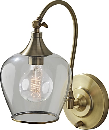 Adesso® Bradford Wall Lamp, 13”H x 7-1/4”W, Clear Shade/Antique Brass Base