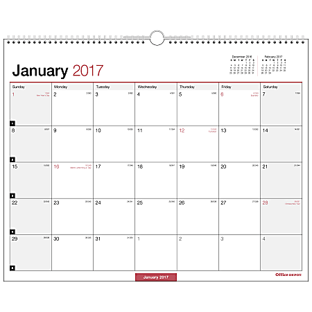 Office Depot® Brand Monthly Wall Calendar, 15" x 12", 30% Recycled, Black/Red, January to December 2017