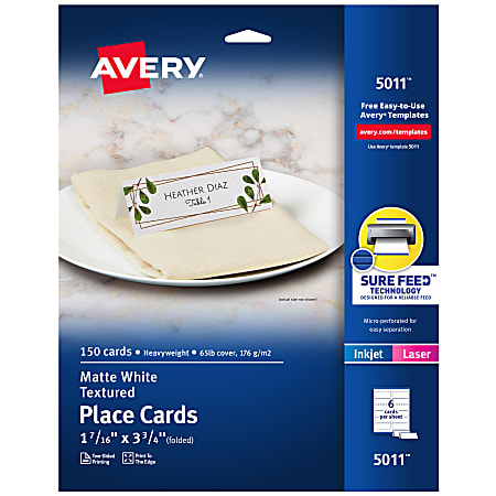 Avery® Printable Place Cards With Sure Feed Technology, 1-7/16" x 3-3/4", Textured White, Pack Of 150
