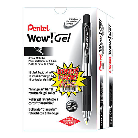Pentel Wow! Retractable Gel Pens, Medium Point, 0.7 mm, Assorted Barrels, Black Ink, Pack Of 24