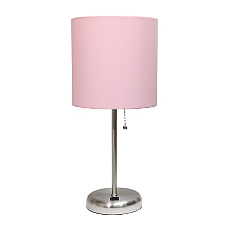 Creekwood Home Oslo USB Port Metal Table Lamp, 19-1/2"H, Light Pink Shade/Brushed Steel Base