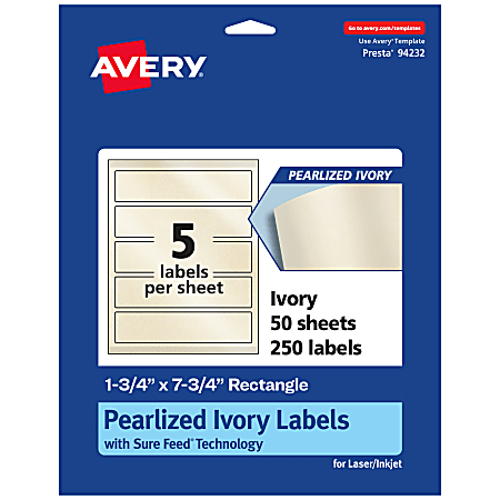 Avery® Pearlized Permanent Labels With Sure Feed®, 94232-PIP50, Rectangle, 1-3/4" x 7-3/4", Ivory, Pack Of 250 Labels