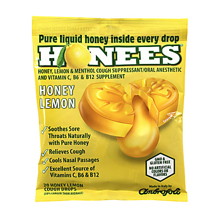 Honees Cough Drops, Honey Lemon, 20 Per Pouch, Case Of 6 Pouches