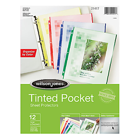 Wilson Jones® Tinted Pocket Sheet Protectors, Lightweight, Semiclear, Multicolor, Pack Of 12