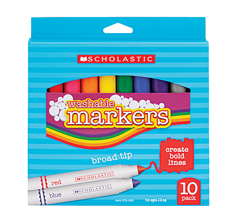 Scholastic Washable Markers, Broad Tip, Assorted Colors, Pack Of 10