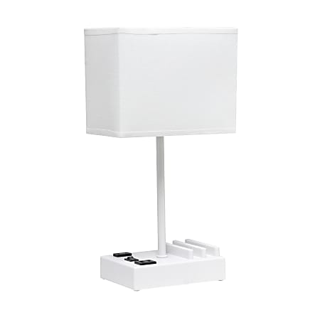 Simple Designs Multi-Use Table Lamp with 2 USB Ports and Charging Outlet, 15-5/16"H, White/White