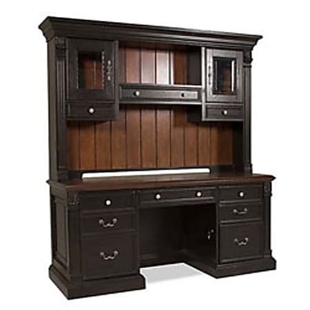 Cole Office Strasbourg Black Credenza And Hutch, 75"H x 69"W x 14 1/2"D, Cherry