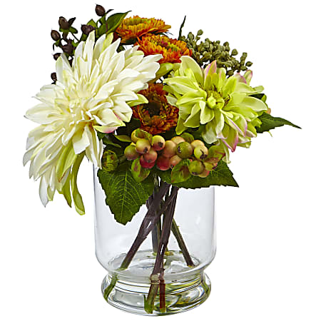 Nearly Natural Mixed Dahlia And Mum 10-1/2”H Plastic Floral Arrangement With Glass Vase, 10-1/2”H x 9-1/2”W x 7-1/2”D, White/Orange