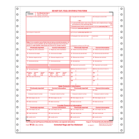 ComplyRight™ W-2C Continuous Tax Forms, 2-Part, 9 1/2" x 11", Pack Of 100 Forms